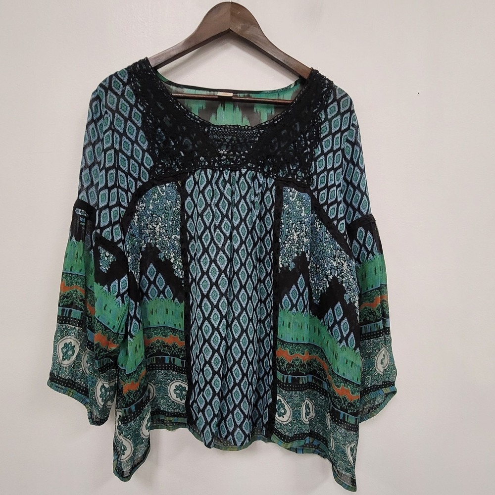 Bila Womens Festival Hippie‎ Top Size XXL Mixed Media Crochet 3/4 Sleeve Sheer
